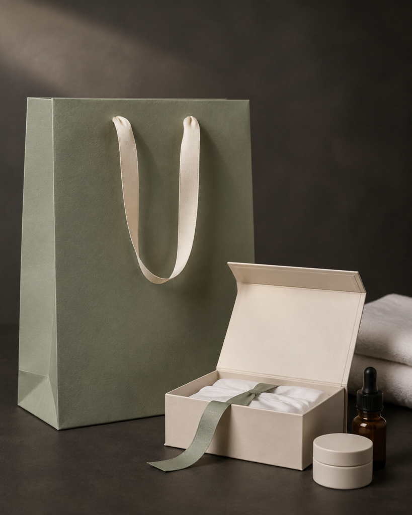 Sage paper bag and gift box with beauty and wellness products