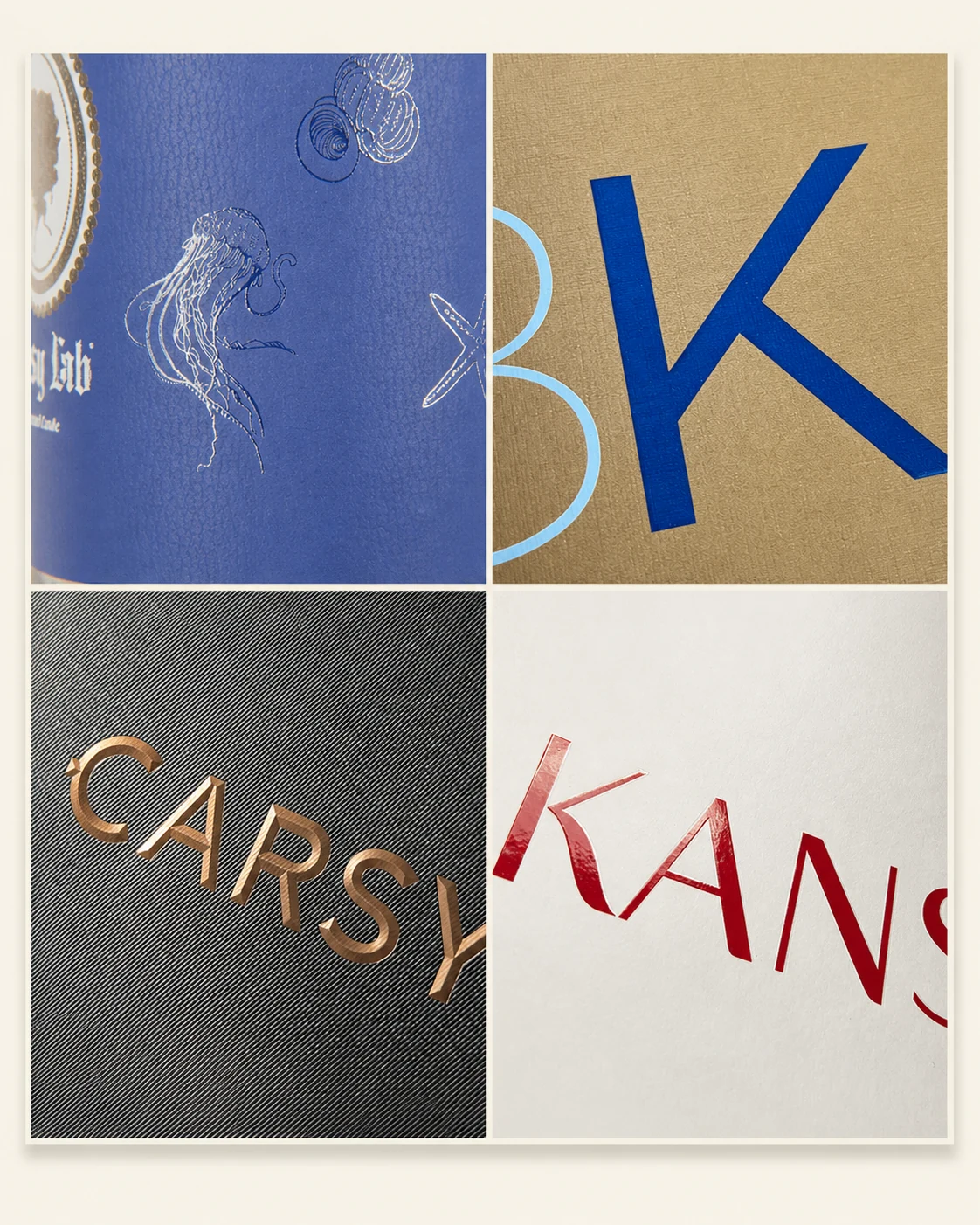 Close-up examples of foil stamping, embossing and textured paper finishes