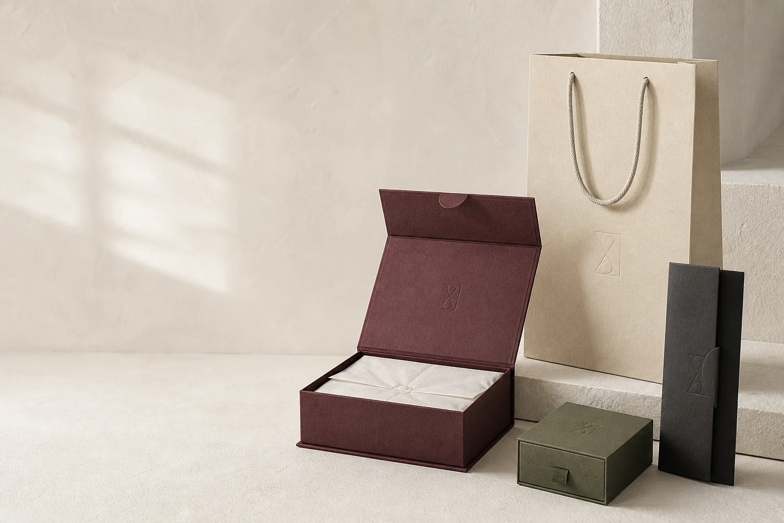 Premium custom paper bag and gift boxes in an ivory studio