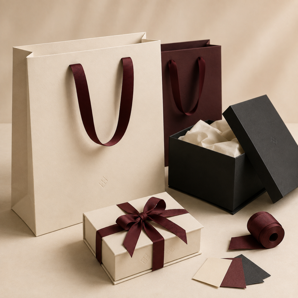 Premium cream and burgundy paper bags with black and cream gift boxes