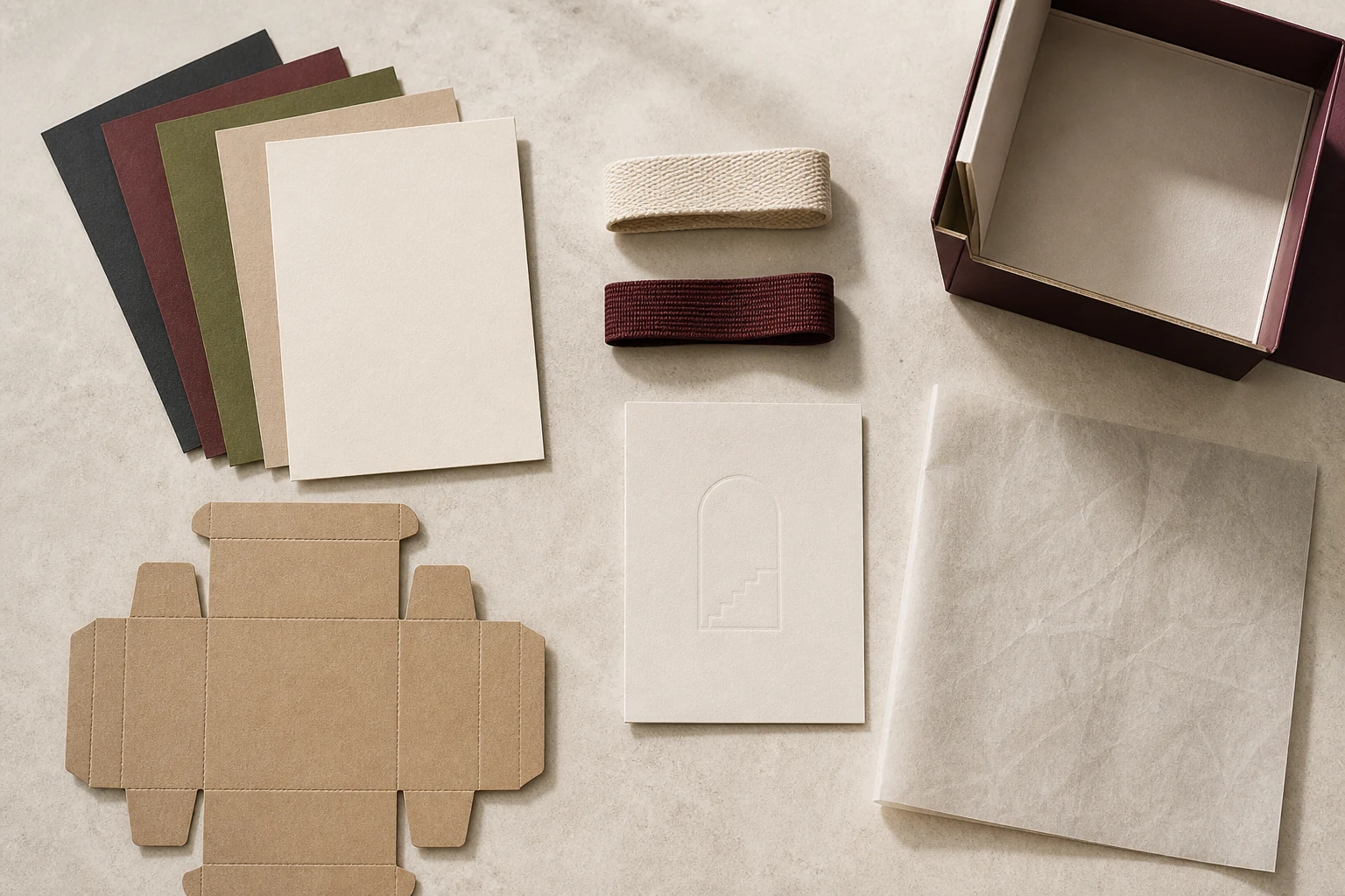 Paper stocks, handles, tissue and box construction samples