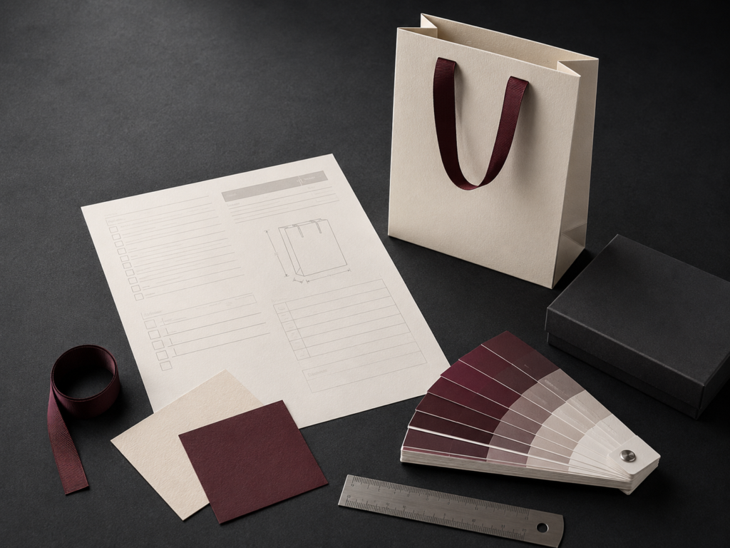 Packaging brief with specification sheet, color swatches and measuring tools