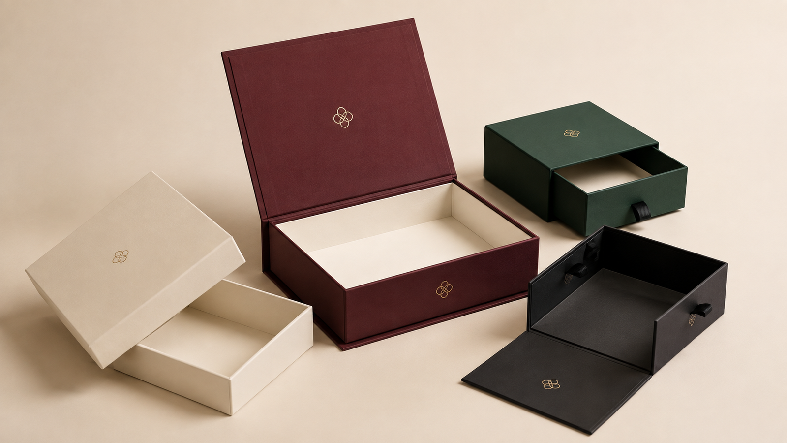 Cream, burgundy, dark green and black custom presentation gift boxes
