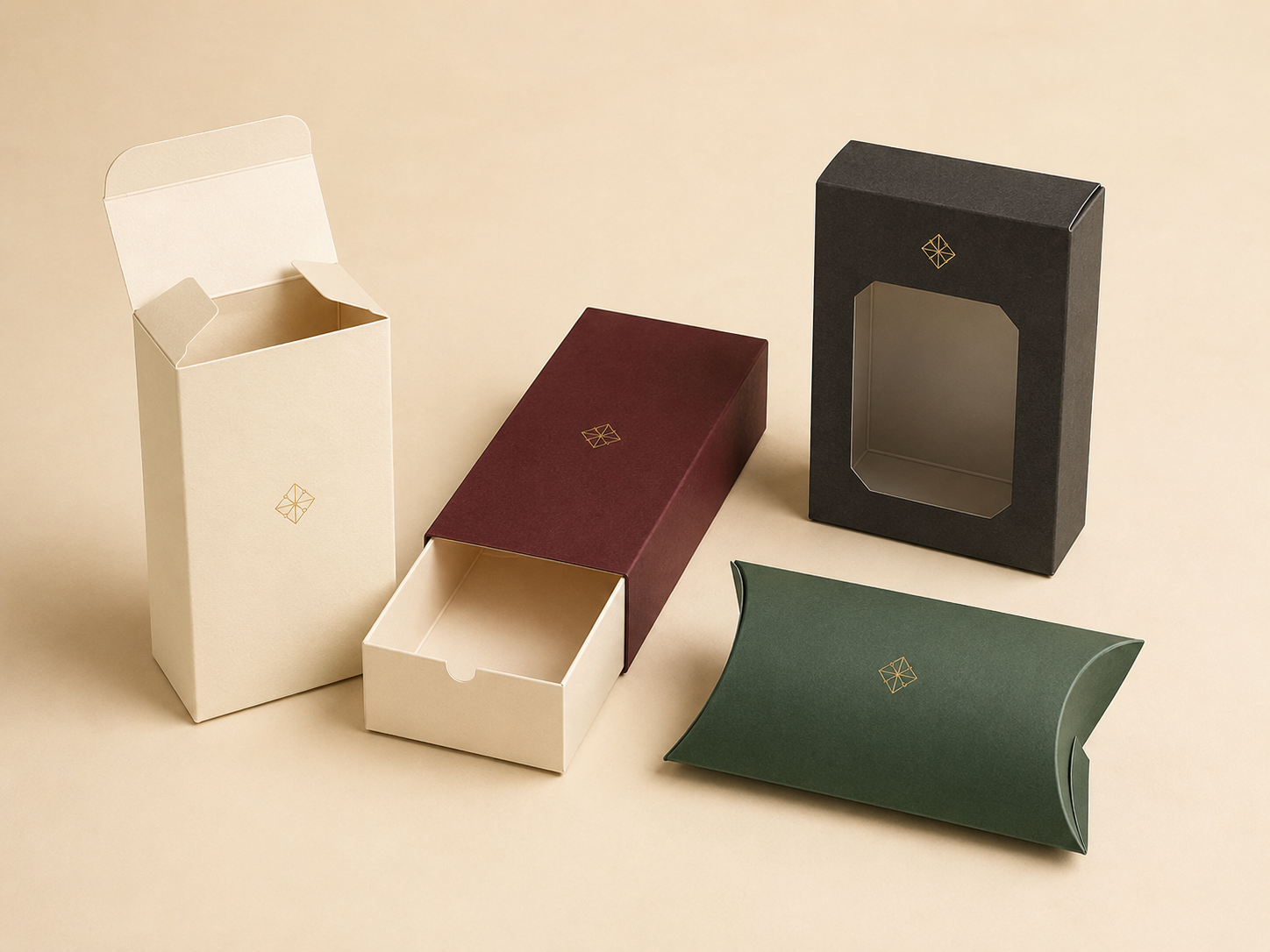 Cream, burgundy, black and green folding cartons with varied openings