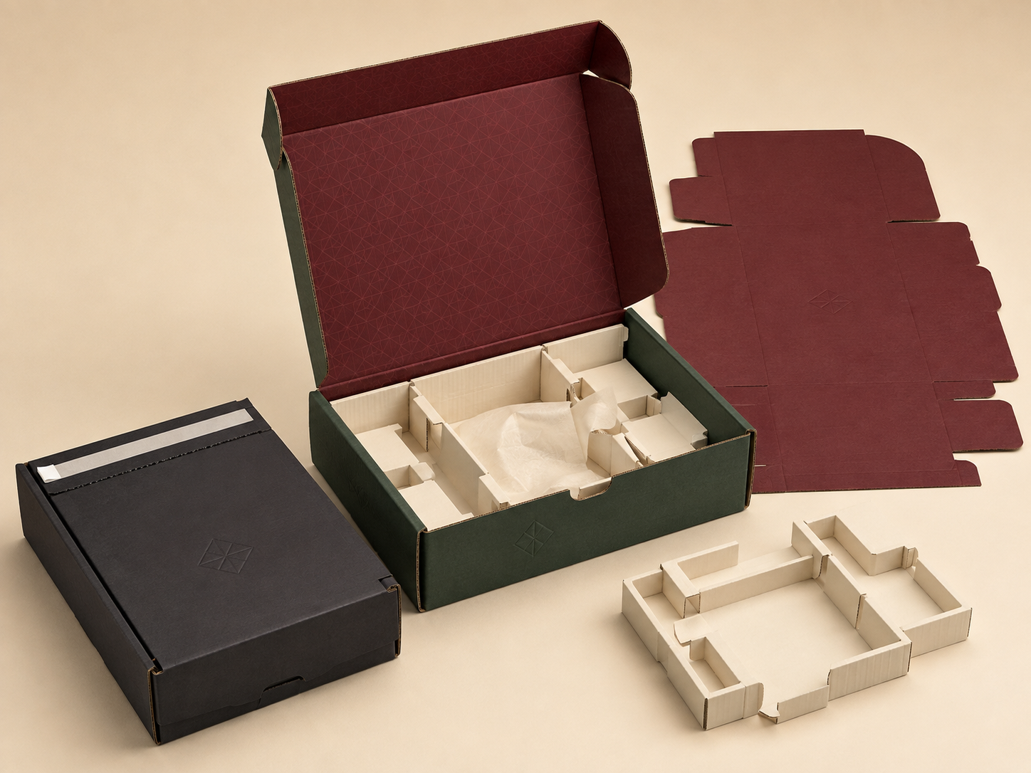 Custom mailer boxes shown assembled, flat and fitted with protective inserts