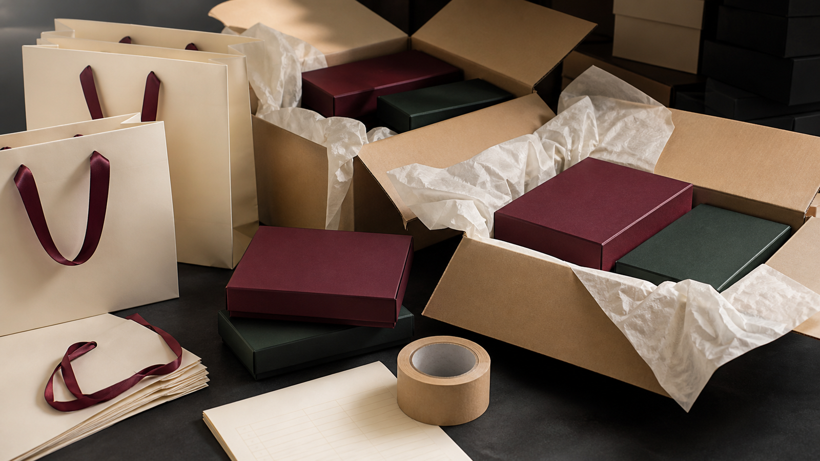 Finished paper shopping bags and gift boxes packed in shipping cartons for delivery