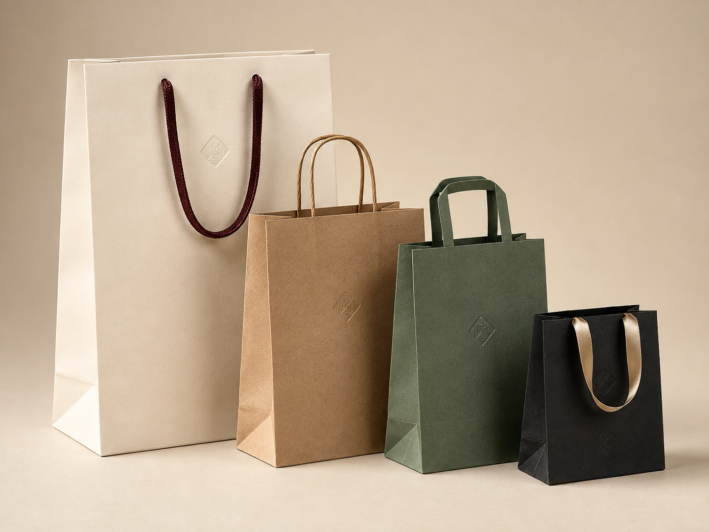 Cream, kraft, green and black custom paper bags in multiple sizes