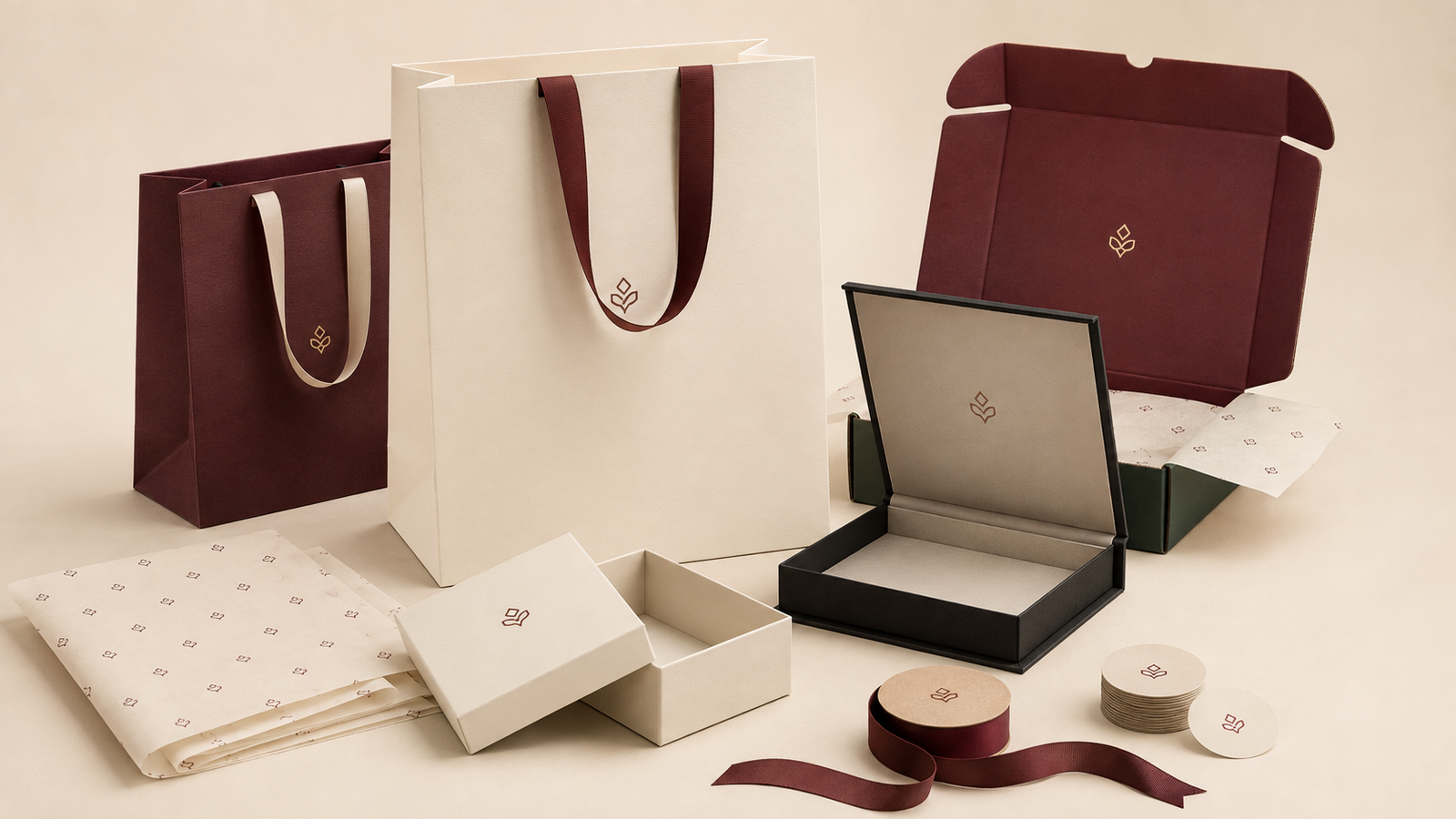Coordinated custom paper bags, presentation boxes, mailer boxes, tissue paper, ribbon and stickers
