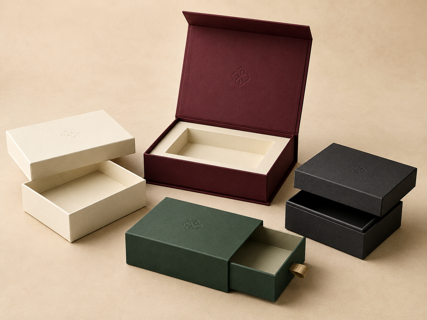 Cream, burgundy, green and black rigid gift boxes in several constructions