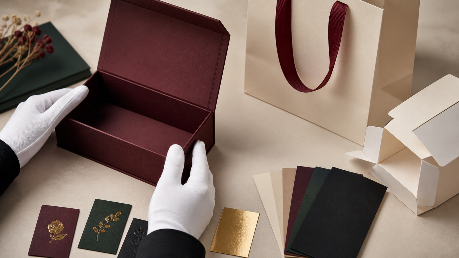 Rigid gift box and paper shopping bag being checked with paper and finishing samples