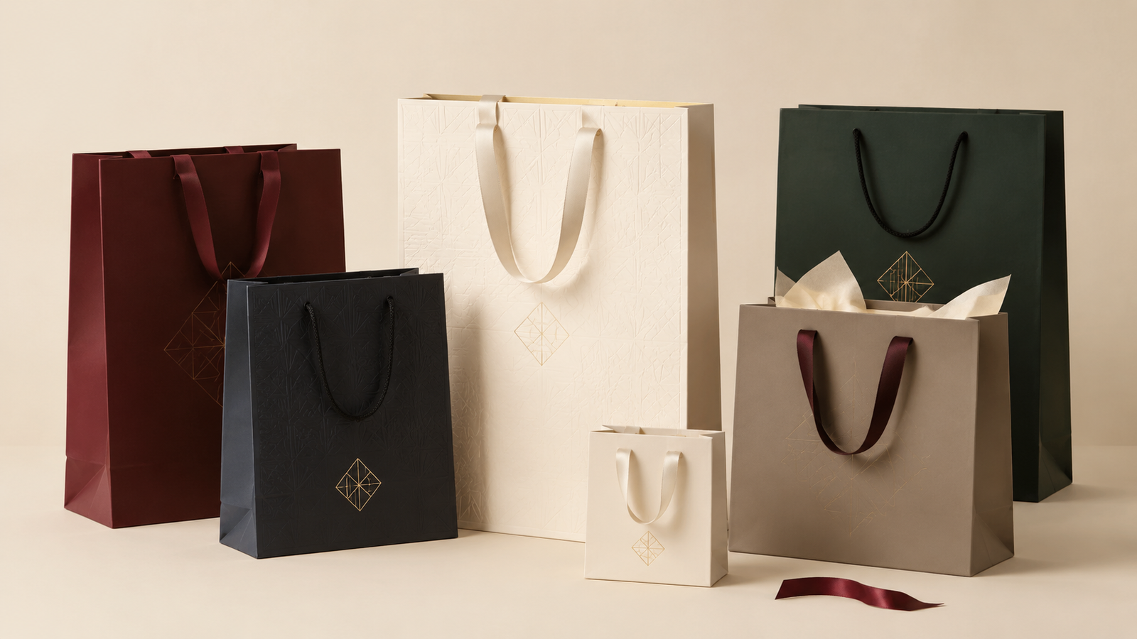 Collection of burgundy, cream, black, taupe and deep green custom paper bags