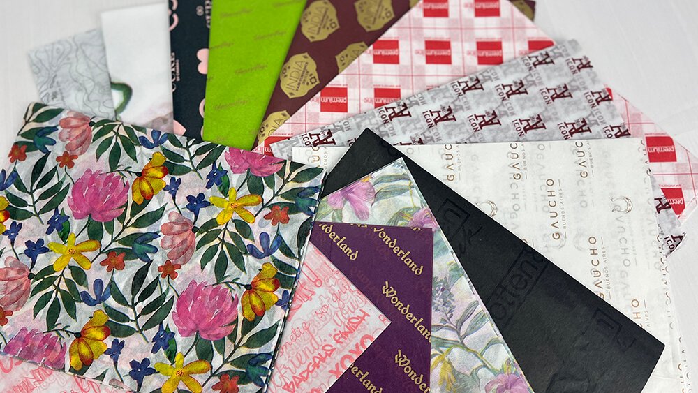 Selection of colorful custom printed tissue papers