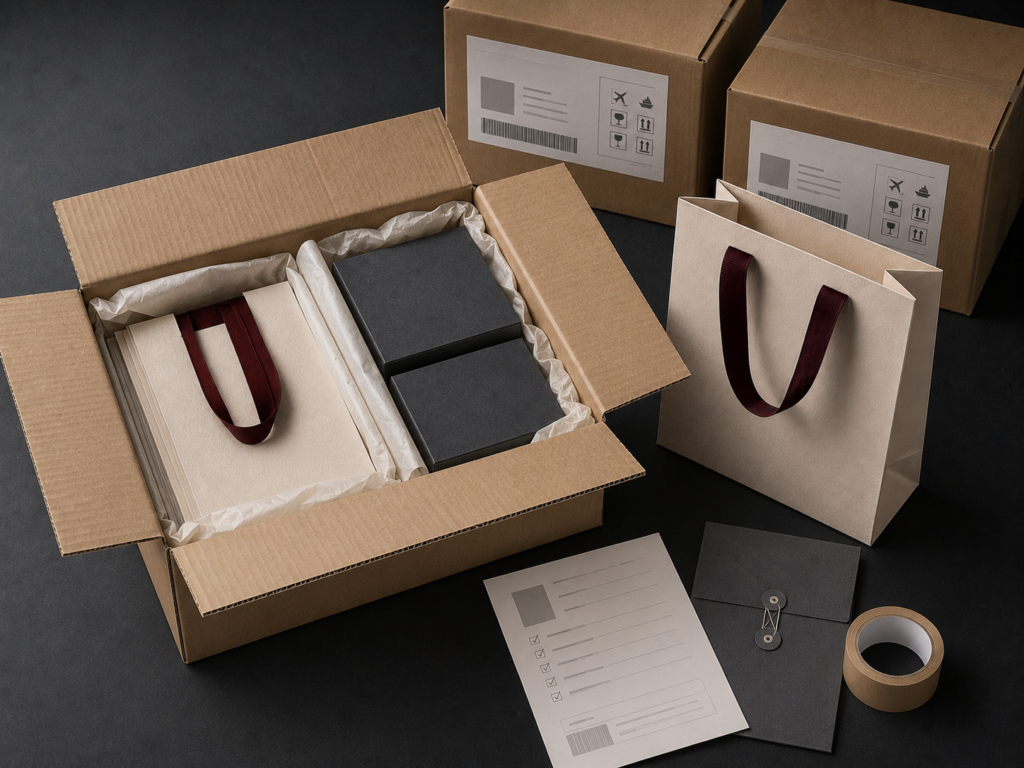 Custom packaging packed in shipping cartons with logistics labels
