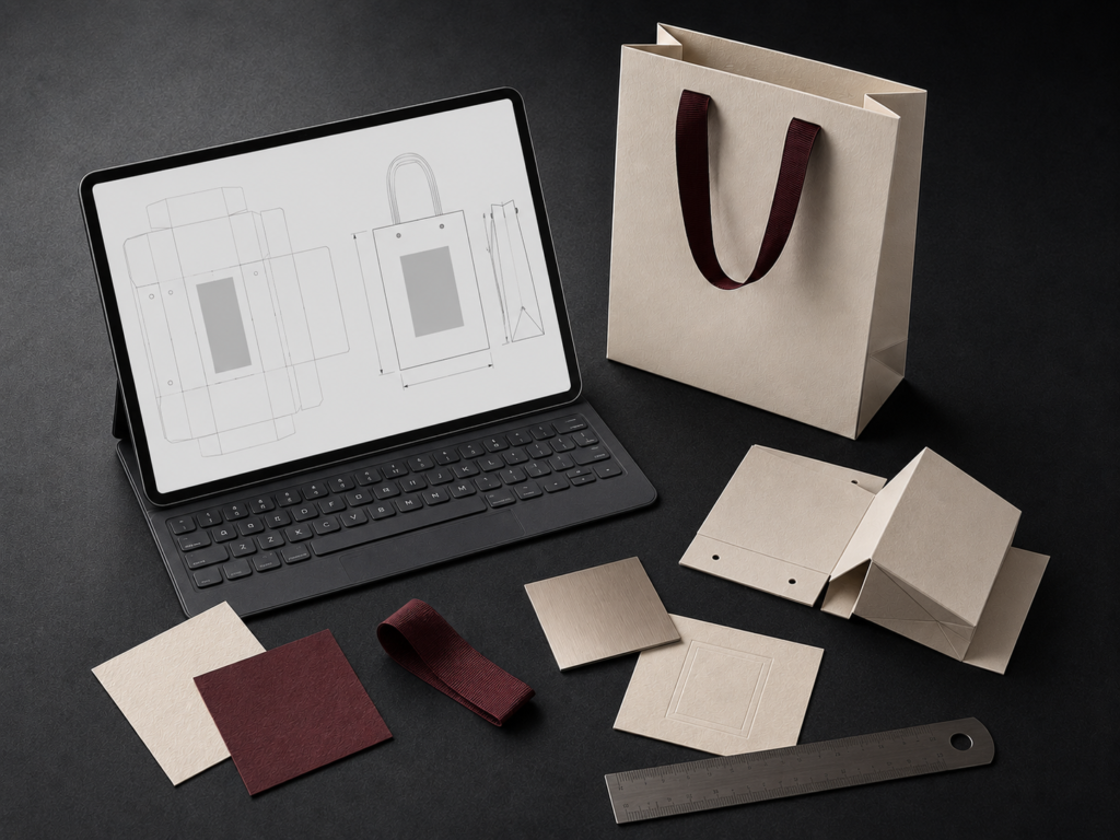 Packaging dieline design displayed on a tablet with material samples