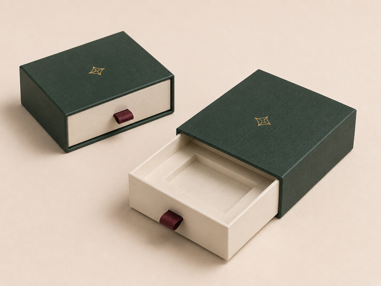 Deep green drawer presentation boxes with cream trays and ribbon pulls