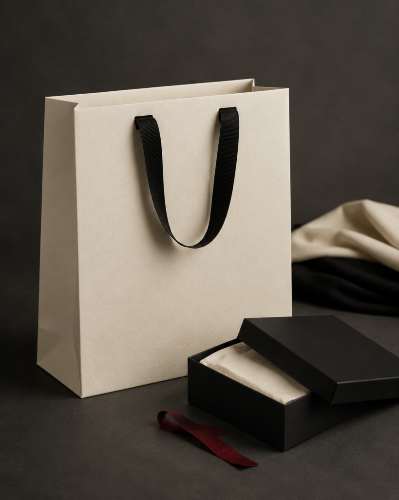 Cream paper bag and black gift box for an independent fashion brand