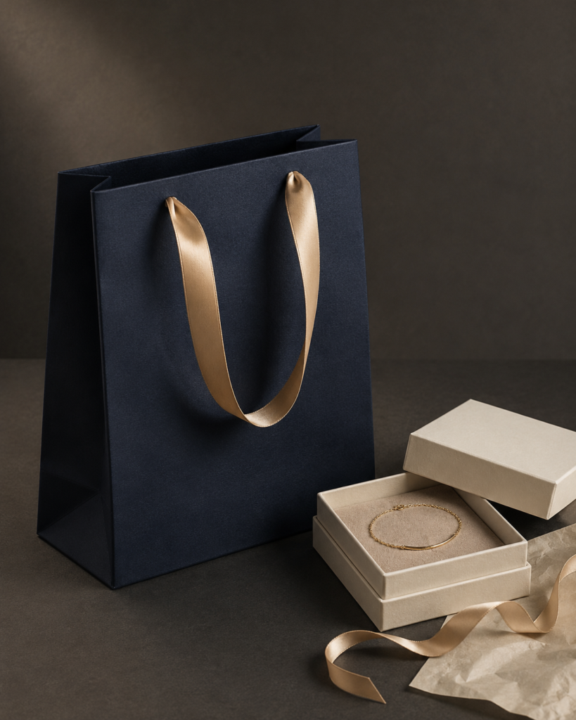 Navy paper bag and jewelry box with a gold bracelet