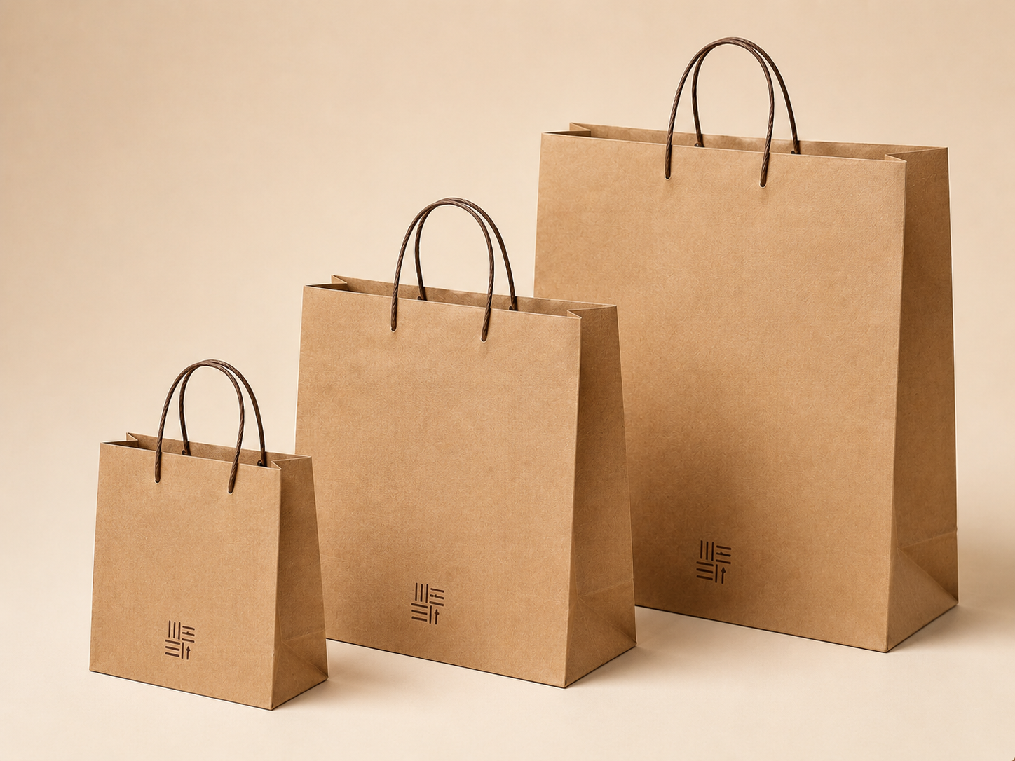 Natural kraft paper bags with twisted handles in three sizes