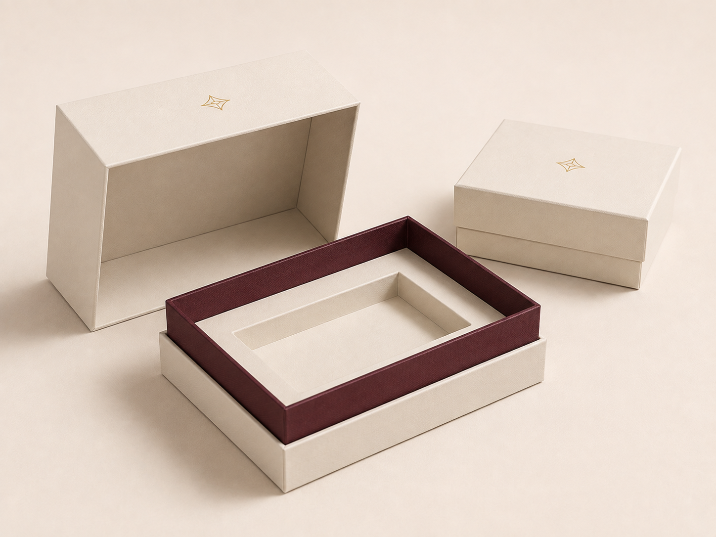 Cream lid and base presentation boxes with burgundy shoulder detail