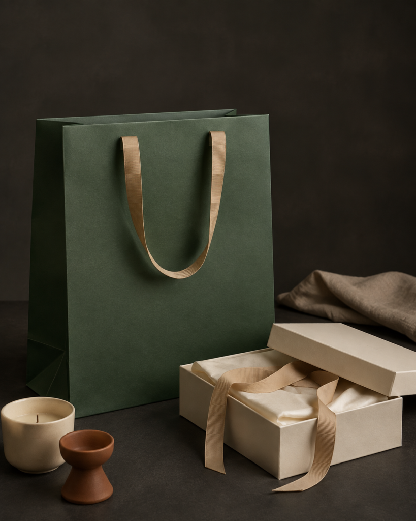 Green paper bag and cream gift box styled for lifestyle gifting