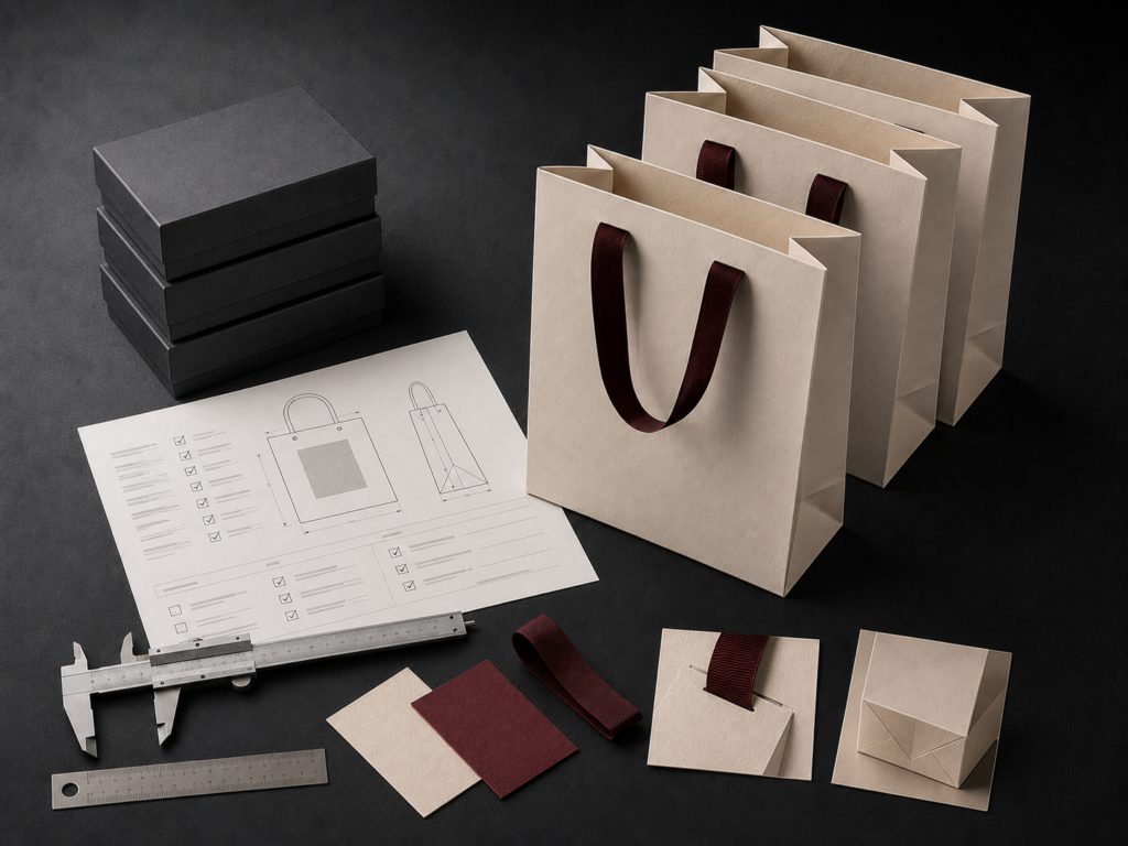 Finished paper bags and gift boxes arranged for production quality checks