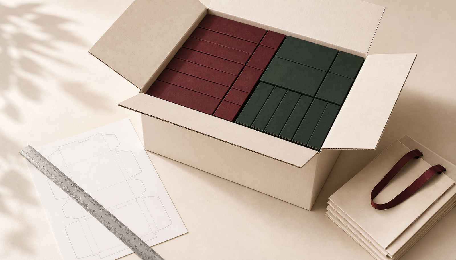 Flat-packed burgundy and green packaging arranged inside a master carton beside a dieline, ruler and folded paper bags