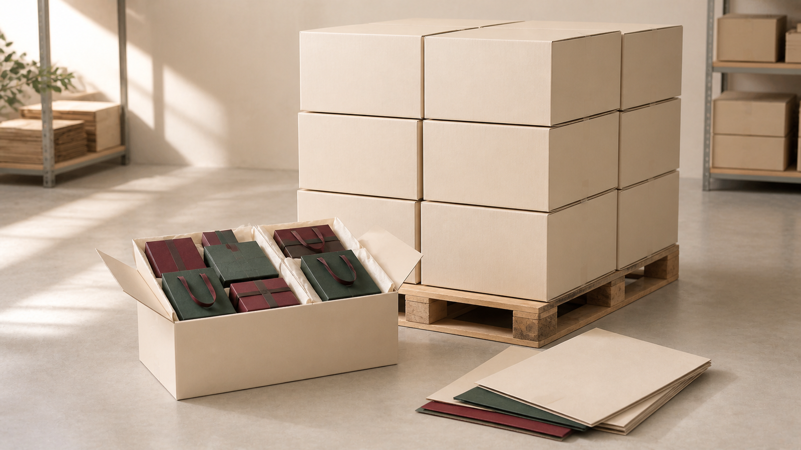 Premium paper packaging packed in export cartons with a stable pallet ready for transport and warehouse storage
