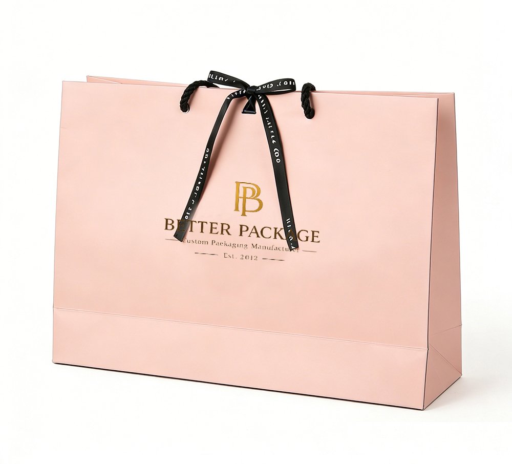Pink custom paper bag with black rope handles and ribbon bow