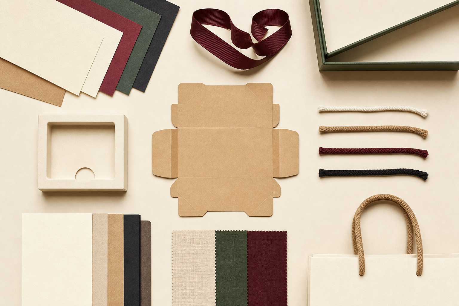 Paper and board swatches, carton dieline, handles, ribbon and paperboard insert for custom packaging