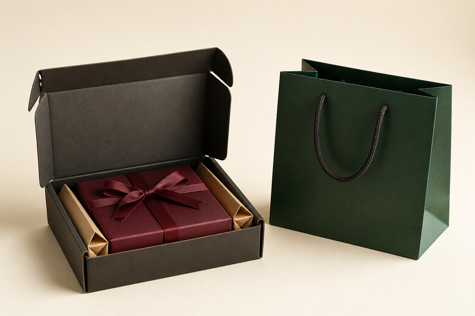 Compact mailer box with a fitted gift box and proportionately sized paper shopping bag