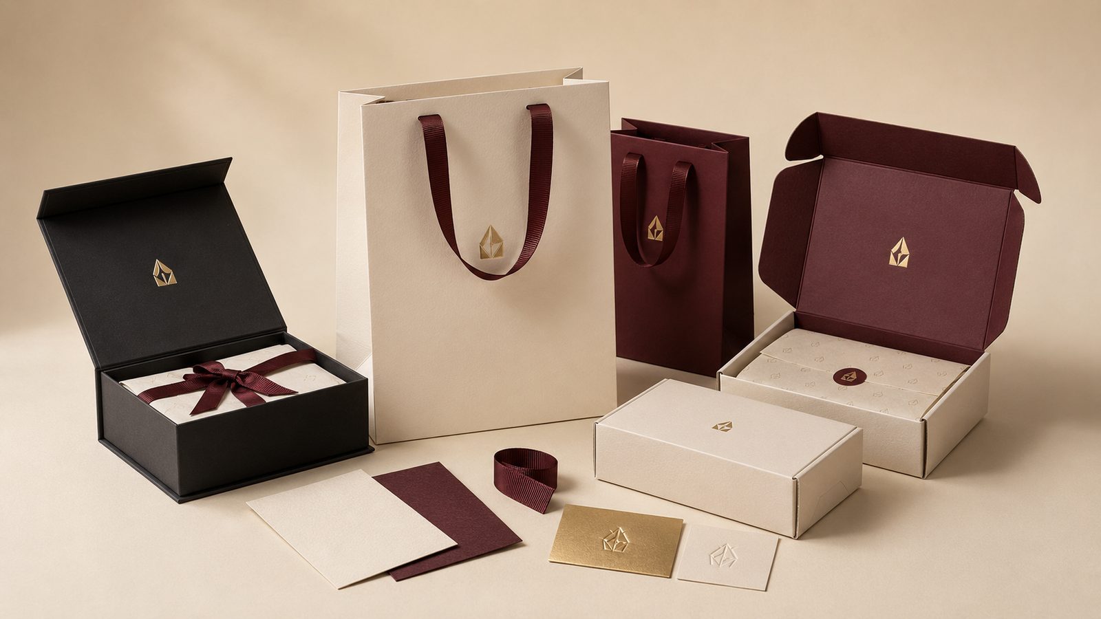 Coordinated cream, burgundy and black custom paper bags and gift boxes