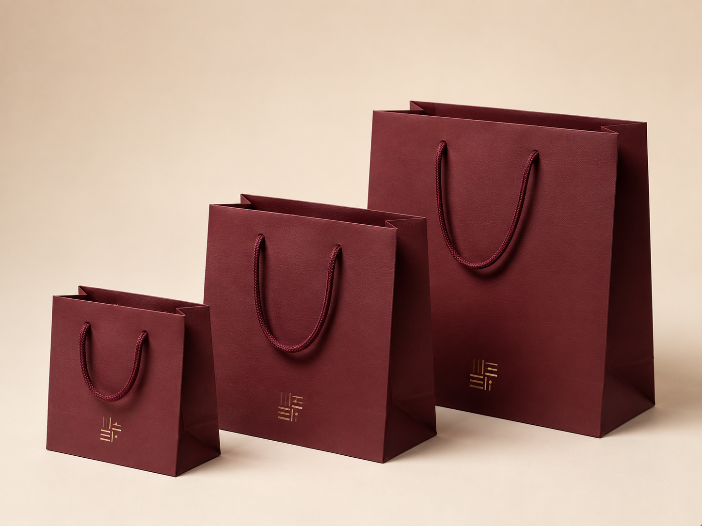 Burgundy rope-handle paper bags in three sizes