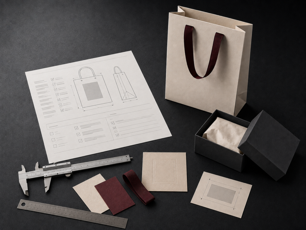 Packaging sample with technical specification sheet and measuring tools