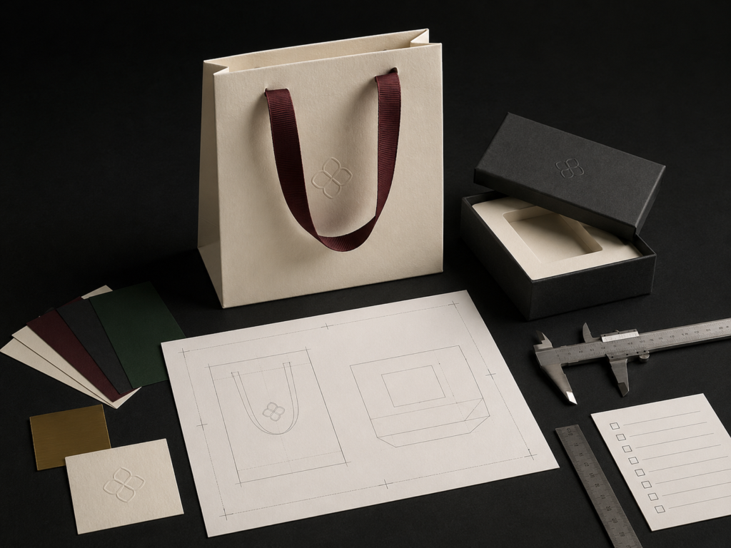 Luxury paper bag and rigid gift box shown with design drawings, material swatches and measuring tools