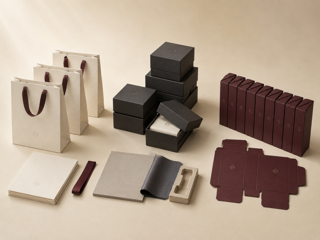 Luxury paper bags, gift boxes, folding cartons and packaging materials arranged in different production quantities