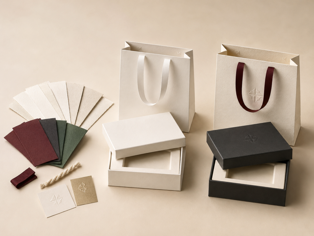 Paper and colour swatches, ribbon, luxury paper bags and rigid gift box samples prepared for approval
