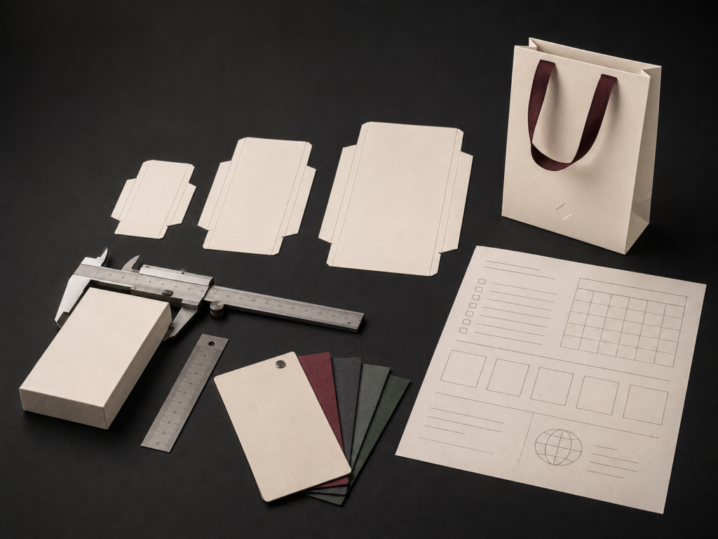 Paper bag dielines, measuring tools, specification sheet and paper colour samples