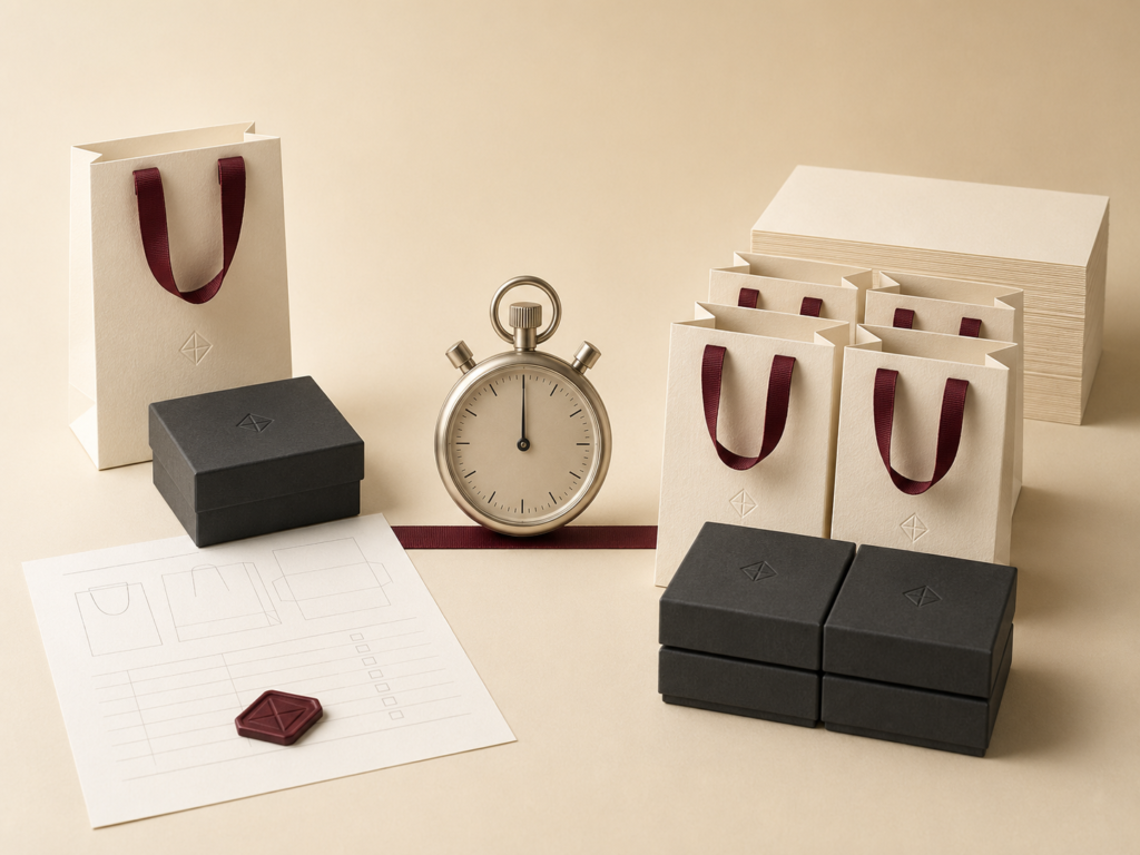 Luxury paper bags and gift boxes shown with a production checklist, material stack and stopwatch