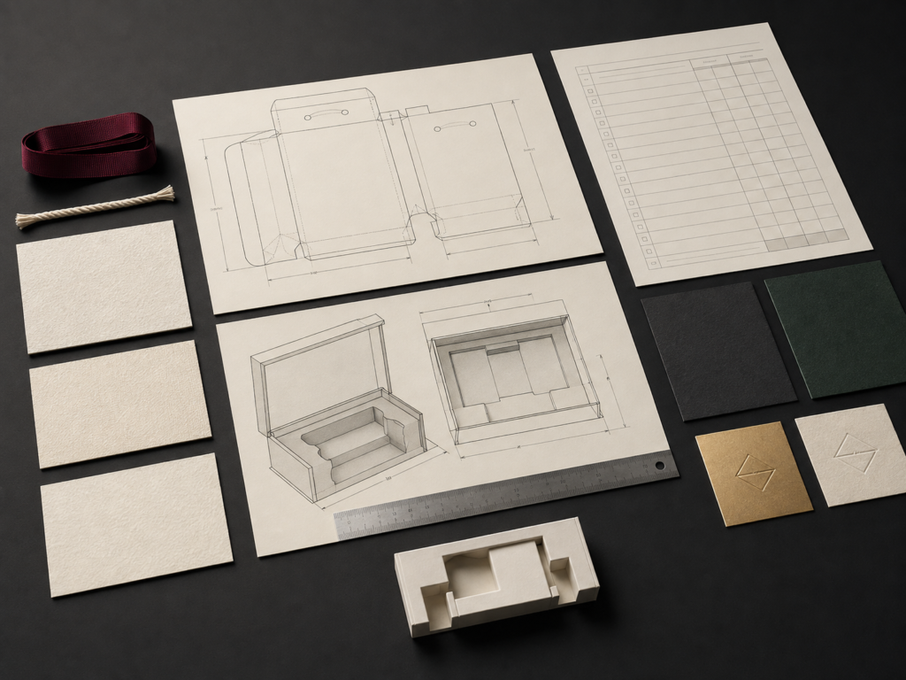 Packaging structural drawings, material samples, ribbon and a fitted insert prepared for sample approval