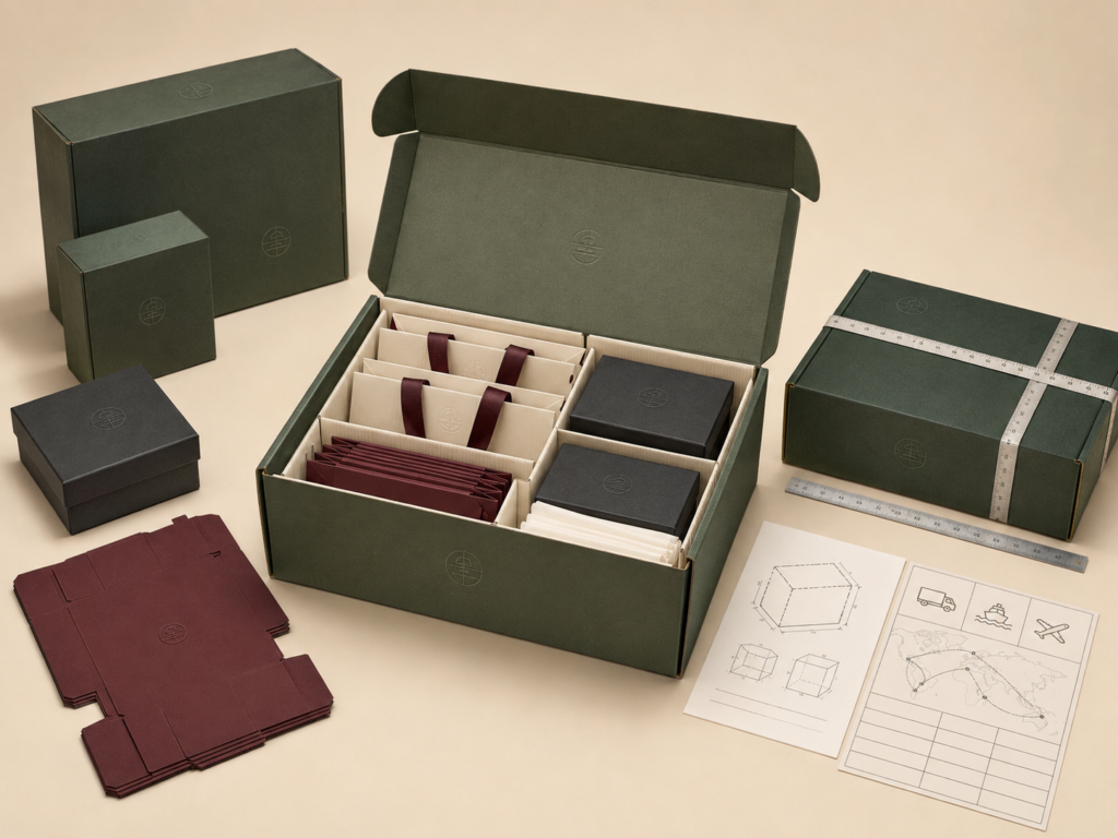 Paper bags and gift boxes packed inside a measured shipping carton beside route and carton plans