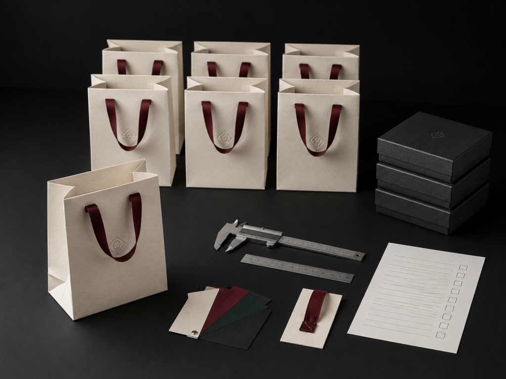 Finished luxury paper bags and gift boxes arranged with a quality checklist and measuring tools