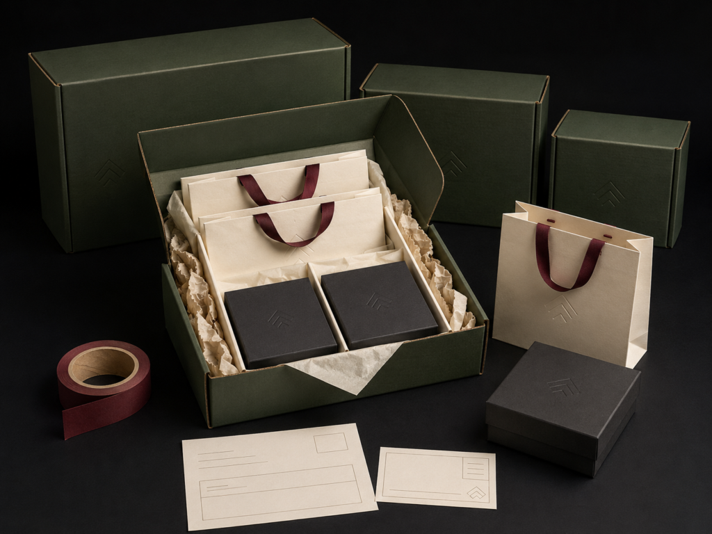 Luxury paper bags and gift boxes protected inside green shipping cartons for delivery