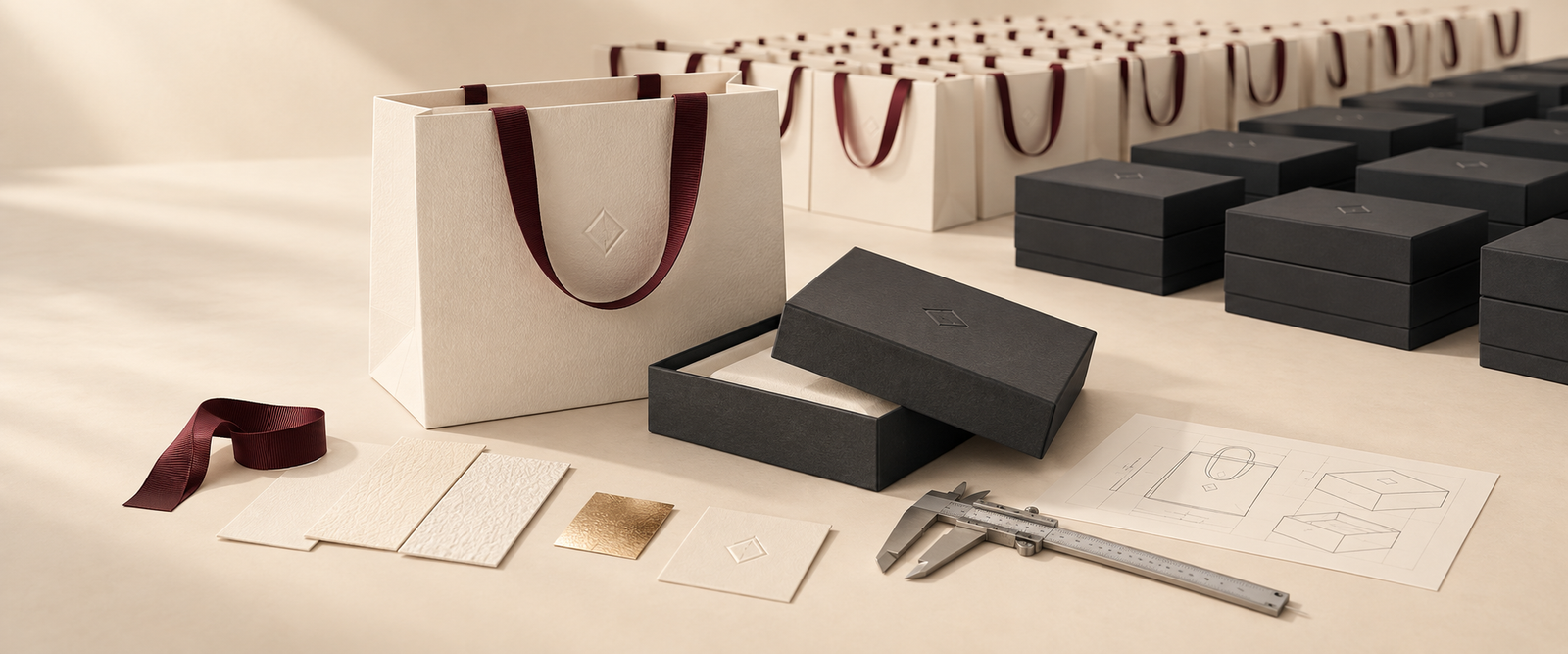 Luxury paper bags and rigid gift boxes arranged in production quantities beside material samples and technical drawings