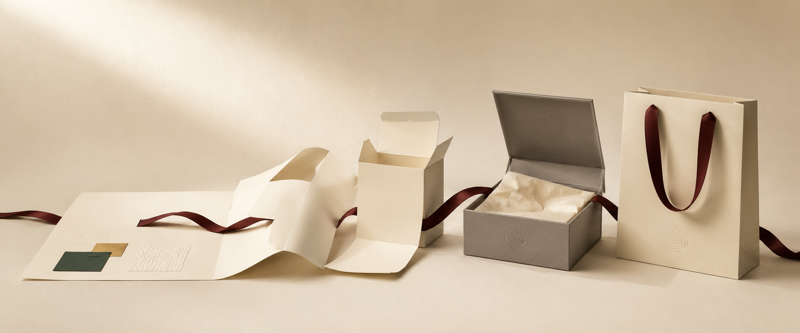 Custom paper bag, rigid gift box and folding carton development displayed on a warm ivory background