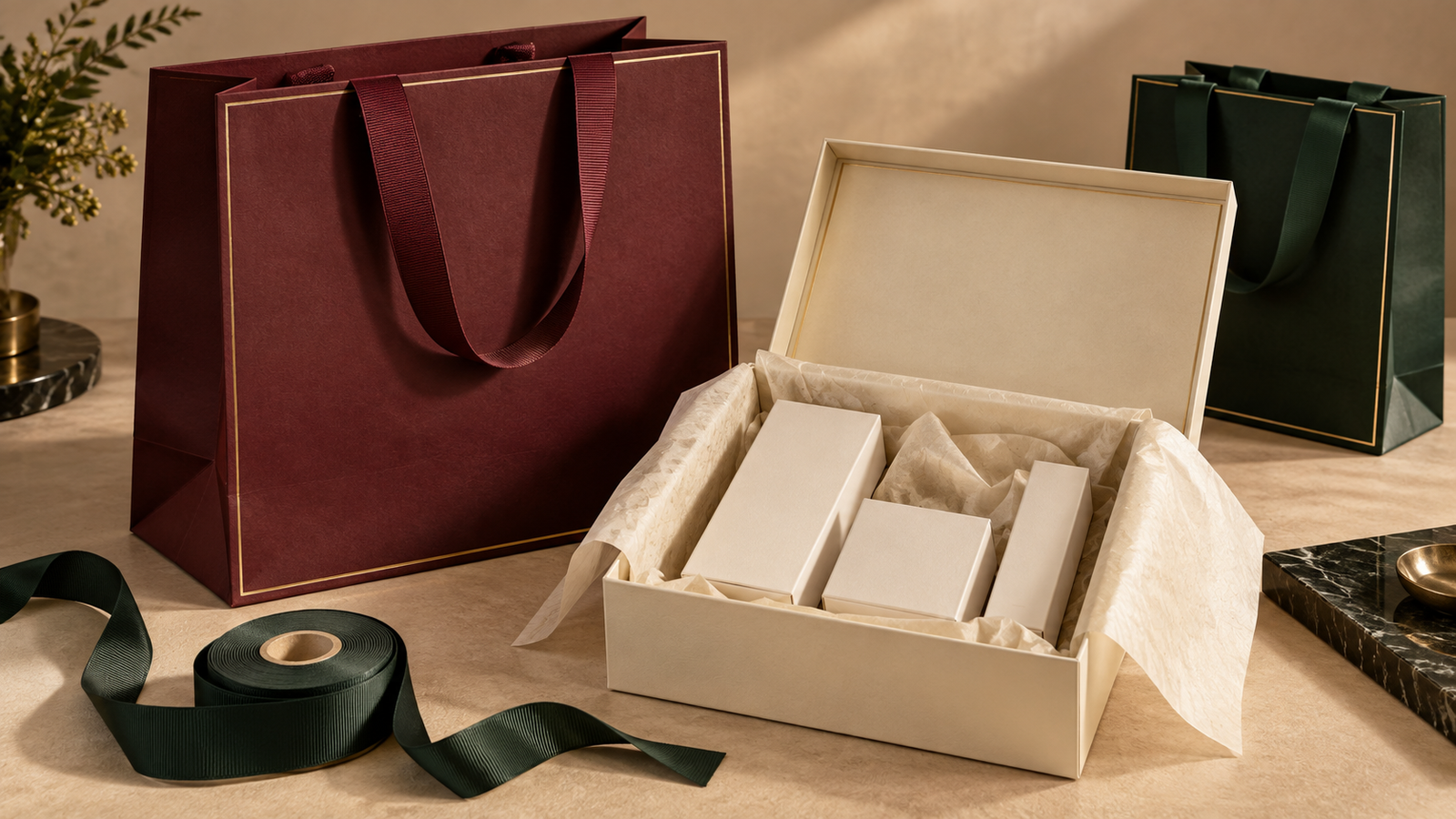 Burgundy cosmetic paper shopping bag with ribbon handles beside ivory beauty gift box, folded tissue and forest-green ribbon
