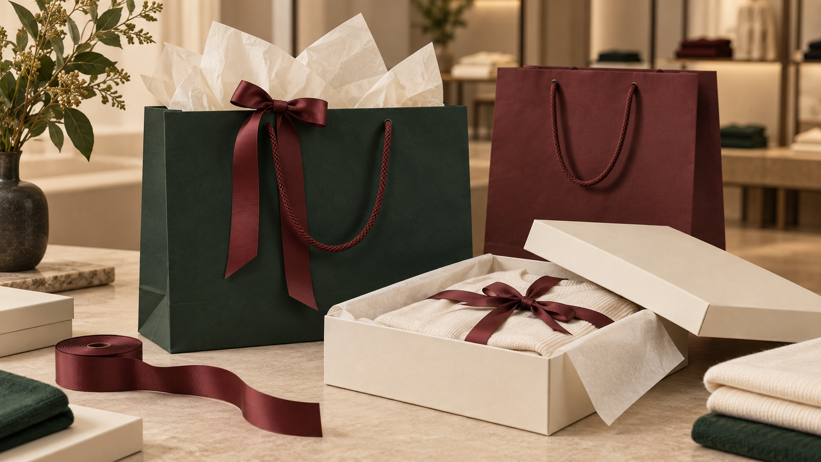 Open forest-green luxury shopping bag with cream tissue and burgundy ribbon beside an ivory apparel gift box and folded knitwear