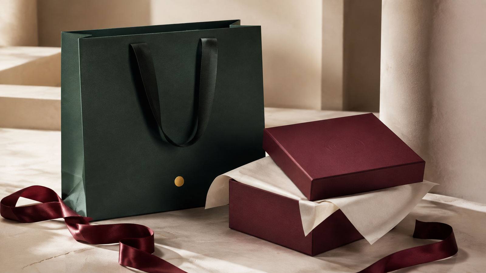 Forest green luxury paper bag with a burgundy rigid gift box, cream tissue paper and burgundy satin ribbon