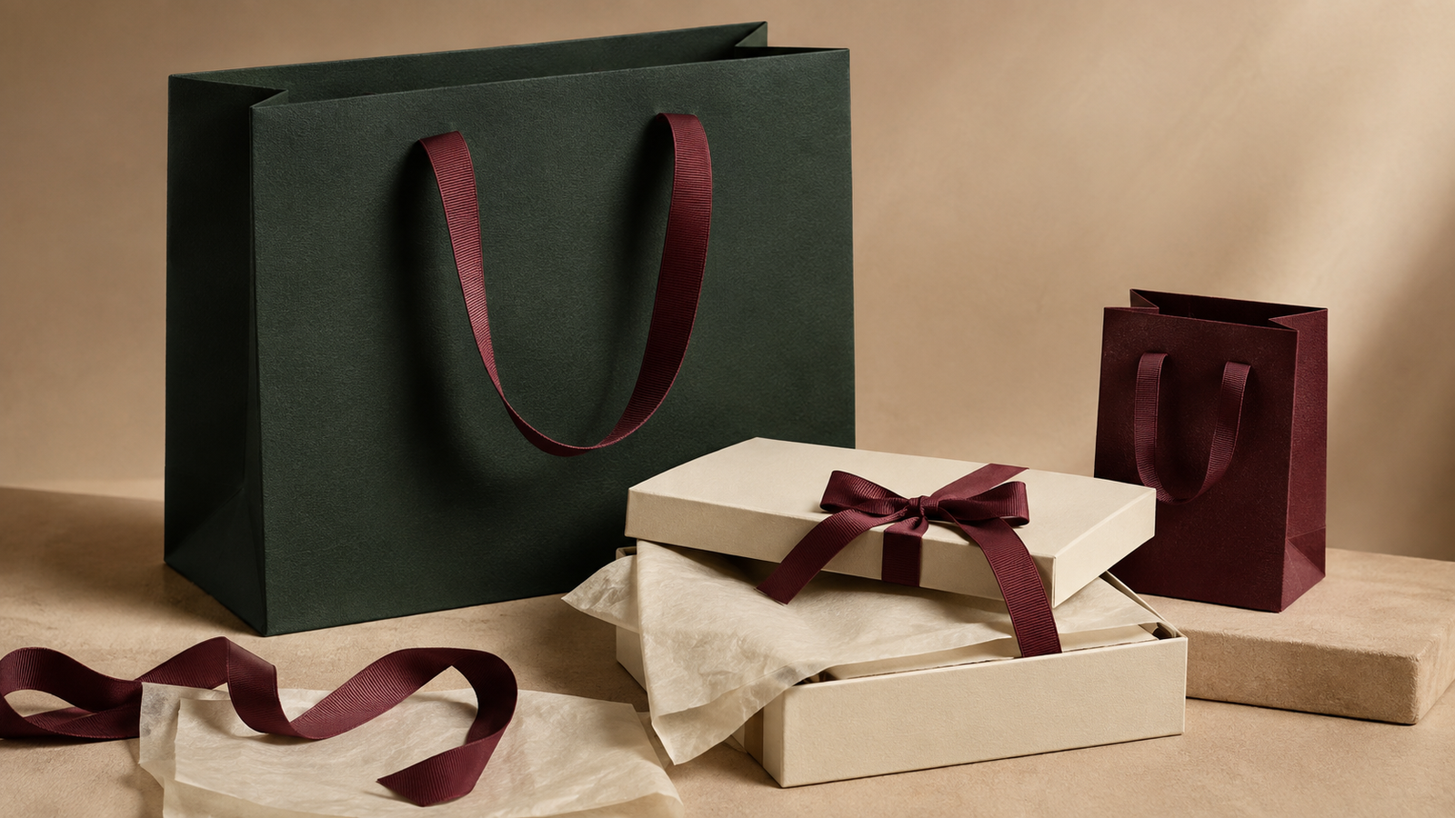 Forest green and burgundy luxury paper bags with a cream rigid gift box, burgundy ribbon and cream tissue paper