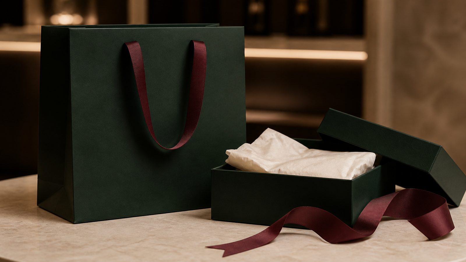 Forest green luxury paper bag with burgundy ribbon handles, rigid gift box, cream tissue paper and ribbon