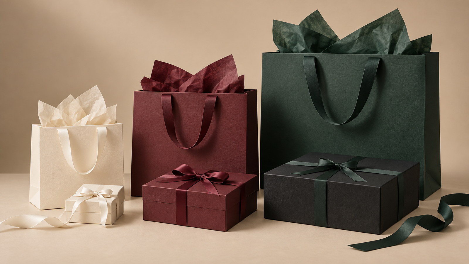 Small ivory, medium burgundy and large forest green luxury paper bags with matching rigid boxes, ribbon and tissue paper